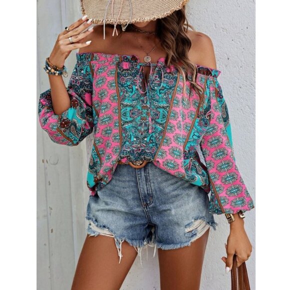 WILA Tops - Off the shoulder boho gypsy paisley print blouse ruffle